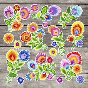 Wycinanki paper cut style flowers. Polish Folk Art Sticker Sheet. Folk style florals. Kiss cut sticker sheets. SS108