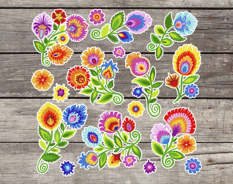 Wycinanki Paper Cut Style Flowers. Polish Folk Art Sticker Sheet. Folk ...