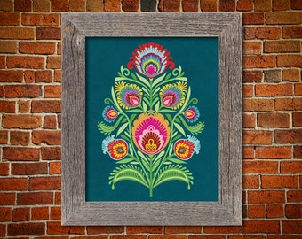 Wycinanki Flowers.  Papercut Style Wall Art. Polish Folk Art Print Rich Teal Background.  5 x 7 8 x 10 or 11 x 14. European Style Gift.