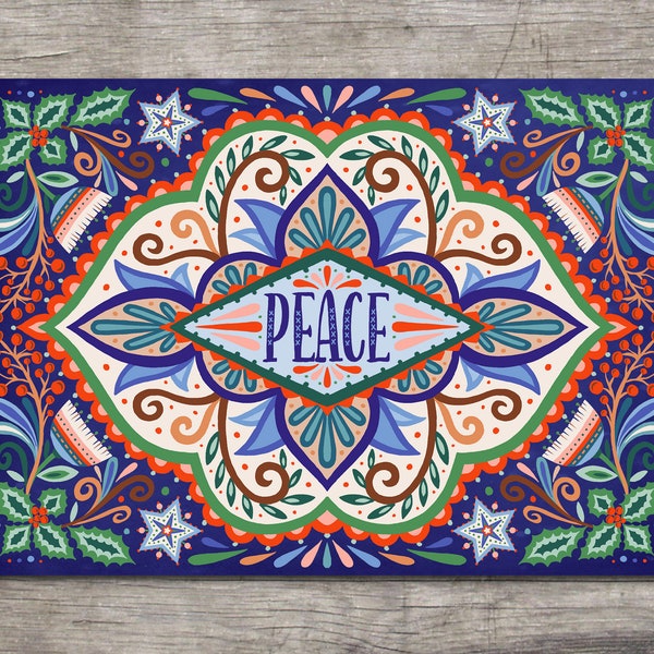 Peace Holiday Card. Card for Christmas. Folk Style Holiday Greeting Card. Colorful Card for Christmas.