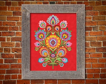 Wycinanki Flowers on Red. Polish Folk Art Print.  5 x 7  8 x 10 or 11 x 14. Floral European Style Gift. Papercut Style Wall Art.