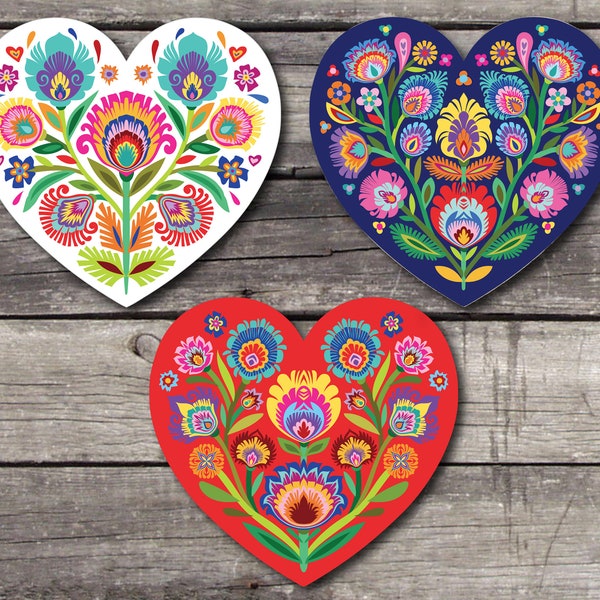 Wycinanki Sticker paper-cut style hearts. Polish Folk Art Sticker Sheet. Folk style floral hearts. Kiss cut sticker sheets. SS143