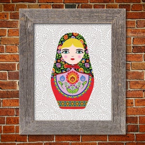 Irina the  Russian Matryoshka Doll with Floral Pattern and wycinanki flowers Nesting and Maiden doll art print