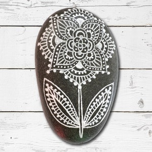 White on Gray Floral Lace Style Rock. Hand Painted Stone. Pretty Rock. For Office or Home Decor. Meditation Paperweight. One of a Kind Gift.