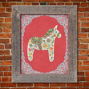 Swedish Dala Horse Folk Art. Floral Wycinanki Style. Dalahost Housewarming Gift  8 x 10 or 11 x 14 Nursery Scandinavian