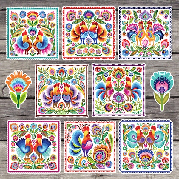 Polish Folk Art Roosters. Polish paper cut style Flowers and Roosters. Wycinanki Folk Art Sticker Sheet.  Kiss cut sticker sheet. SS128