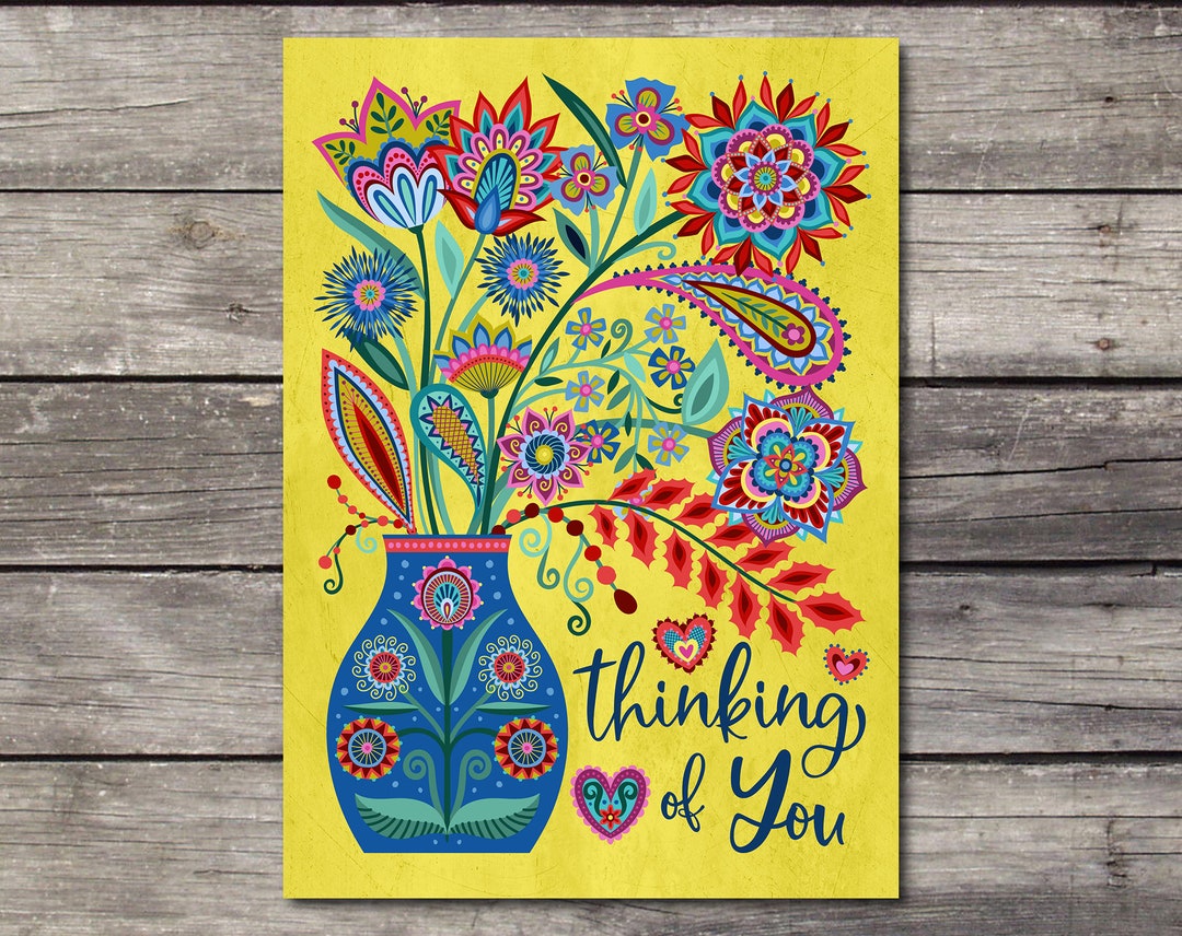 Flowers in Vase Thinking of You Blank Greeting Card Floral Art ...