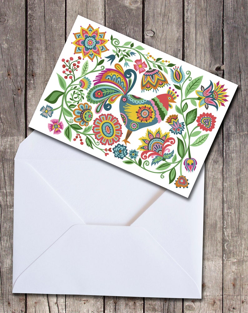 Rooster Blank Note Cards Happy and Joyful Cards. Folky Style Florals Polish Folk Greeting Card Set