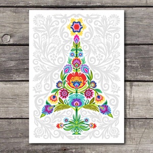 Polish Folk Art Holiday Card. Wycinanki Christmas Card. Beautiful Christmas Tree for Holiday. Festive Card for Winter.