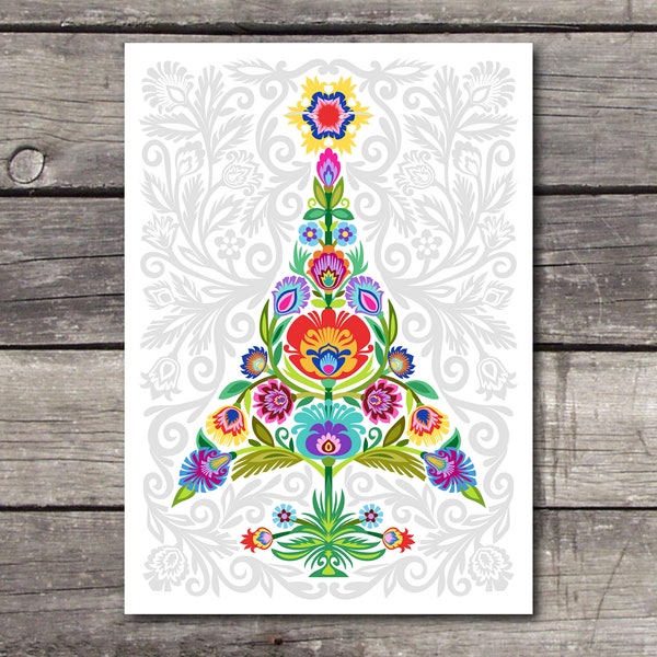 Polish Folk Art Holiday Card. Wycinanki Christmas Card. Beautiful Christmas Tree for Holiday. Festive Card for Winter.