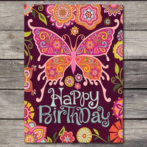 Happy Birthday Blank Greeting Card with Butterfly Floral Folk Happy Art Botanical Flowers