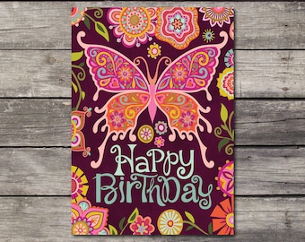 Happy Birthday Blank Greeting Card with Butterfly Floral Folk Happy Art Botanical Flowers