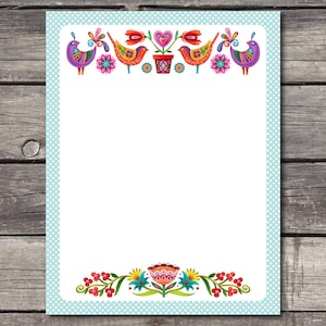 May include: A rectangular stationery sheet with a light blue and white polka dot border. The top features colorful birds, flowers, and a potted plant. The bottom displays a symmetrical floral arrangement with red berries and green leaves.