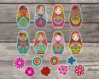 Irina and Friends Polish Folk Art Sticker Sheets Set of 2 Cute Matryoshka Nesting Dolls and Flowers SS102