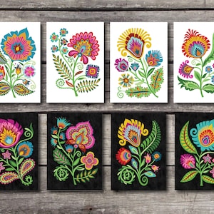 Cartões de Nota em Branco Florais em Estilo Recortado em Papel Polonês. Conjunto de 8. Flores Wycinanki Tradicionais de Jardim. Arte Popular Botânica. Dois conjuntos para escolher.