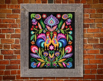 Black or White Polish Rooster Folk Art Print. Wycinanki Floral Art Print.  5 x 7 8 x 10 or 11 x 14. Papercut Style Art.