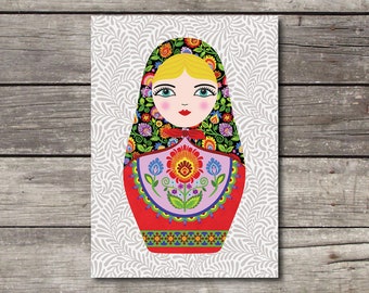 Ukrainian Nesting Doll. Blank Greeting Card with Colorful Matryoshka Maiden Doll. Eastern European Style Note with Envelope.