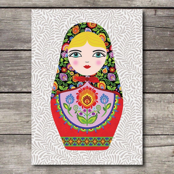 Poupée gigogne ukrainienne. Carte de vœux vierge avec poupée colorée Matryoshka Maiden. Note de style est-européen avec enveloppe.