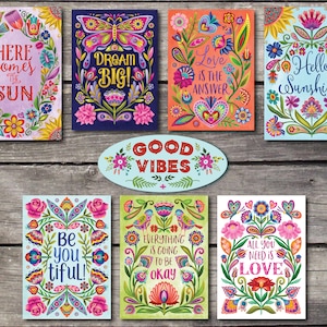 Inspirational Post Cards Hand Lettered with Positive Quotes. Set of 5 Colorful, Uplifting and Joyful Post Cards. Happy Post Cards.