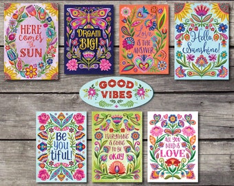 Inspirational Post Cards Hand Lettered with Positive Quotes. Set of 5 Colorful, Uplifting and Joyful Post Cards. Happy Post Cards.