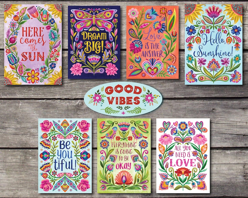 Inspirational Post Cards Hand Lettered with Positive Quotes. Set of 5 Colorful, Uplifting and Joyful Post Cards. Happy Post Cards. image 1