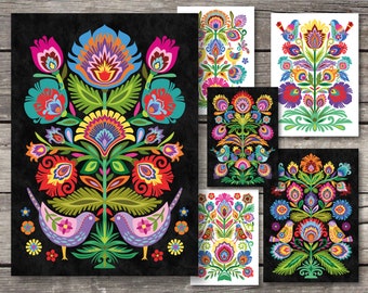 Wycinanki and Birds Paper Cut Style Floral Cards. Polish Folk Art Cards. Set of 6 Blank Greeting Cards.