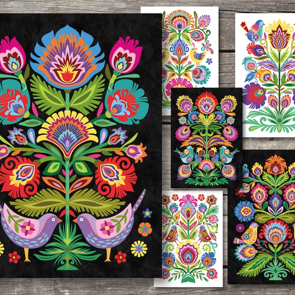 Wycinanki and Birds Paper Cut Style Floral Cards. Polish Folk Art Cards. Set of 6 Blank Greeting Cards.