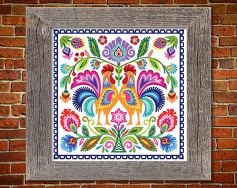 Polish Folk Art Rooster Print. Colorful Wycinanki Style Flower Art. 8x8 10x10 12x12 Square Wedding Gift.