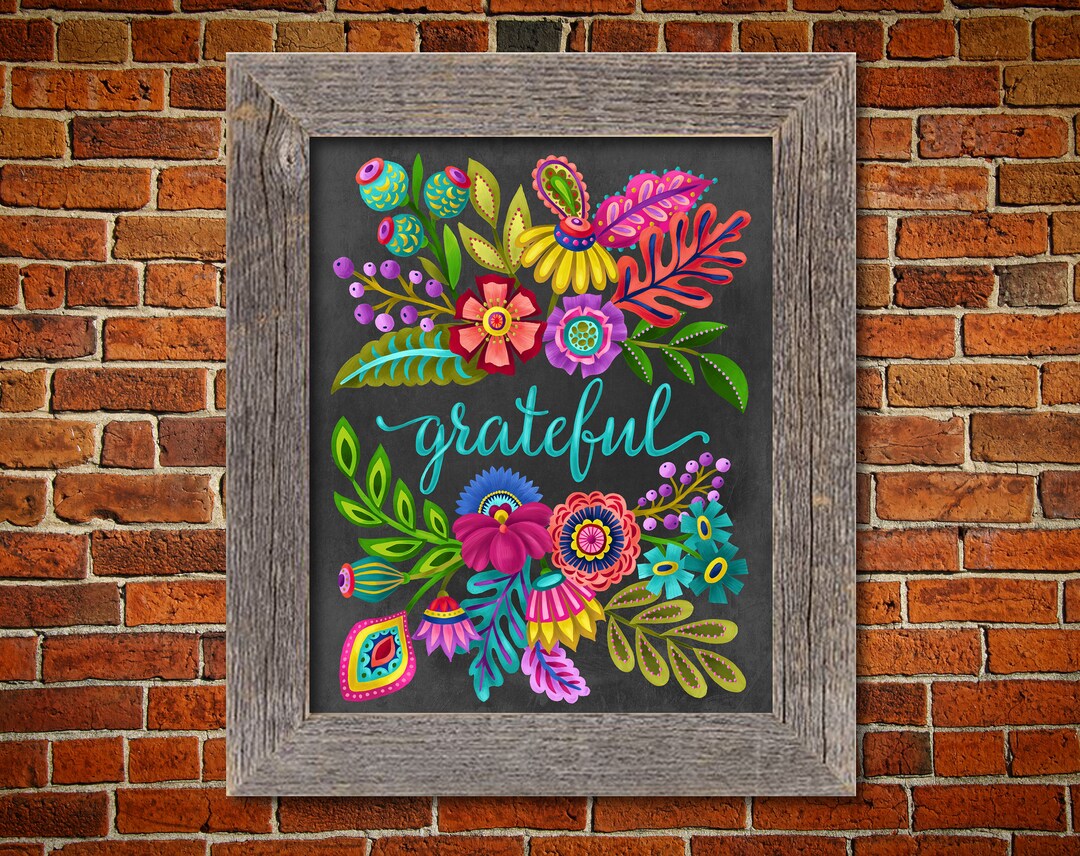 Colorful Flowers On Chalkboard Inspirational Words Folk Style Grateful Il 1080xN.2162077237 E965