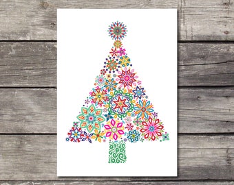 Modern Christmas Tree Card for Christmas. Colorful Holiday Card. Holiday Greeting Card Snowflake Tree. Cheerful Card for Christmas.
