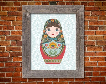 Russian Nesting Doll Katerzyna with Wycinanki Flowers Floral Pattern Matryoshka and Maiden doll art print