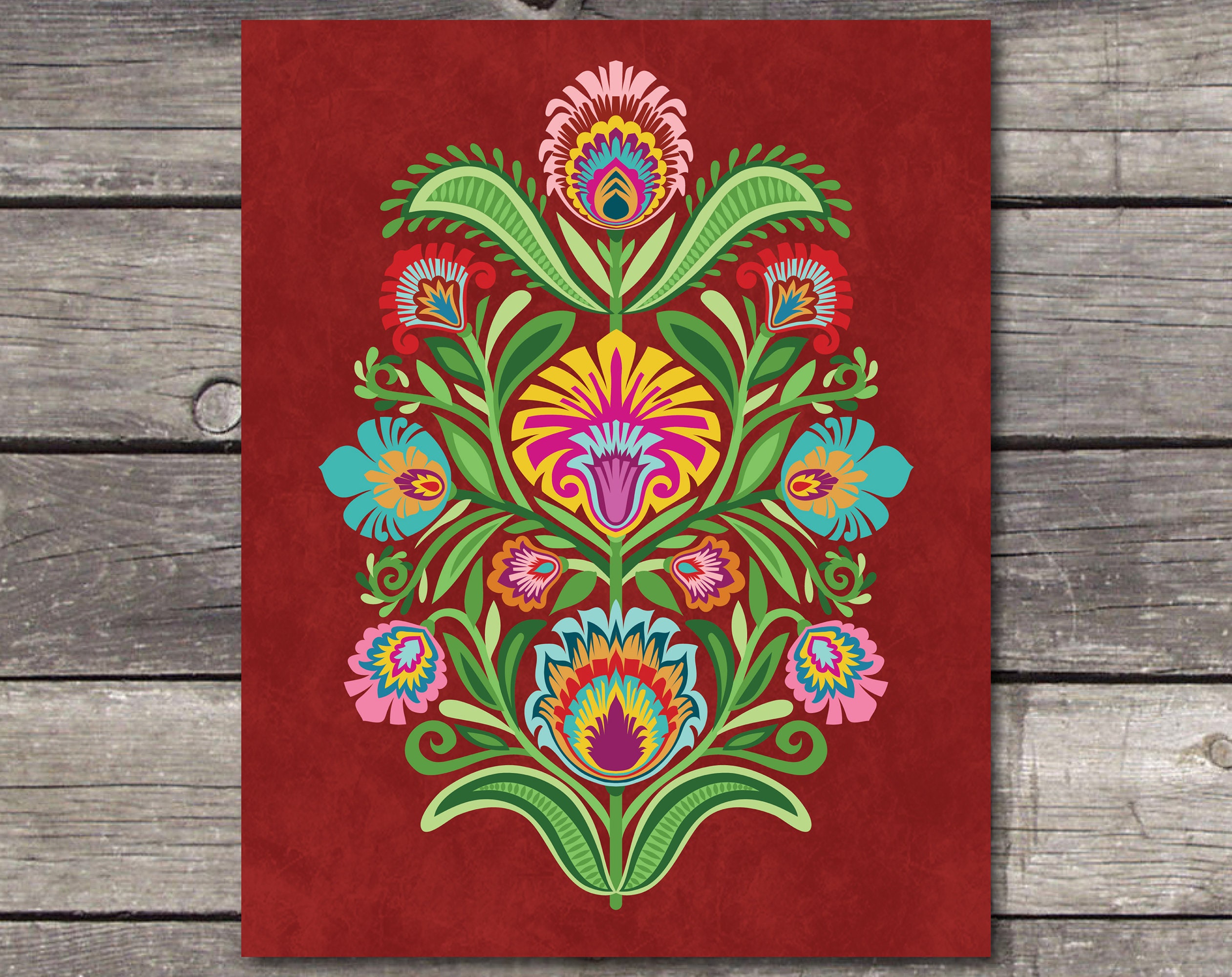 Wycinanki Flowers on Burgundy. Polish Folk Art Print. 5 X 7 8 X 10 or ...