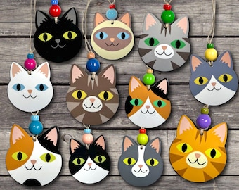 Cute Kitty Everyday Ornament. Home or Desk Decoration. Unique Gift Hanging Cat Head Shaped Ornament with Festive Beads. Double Sided.