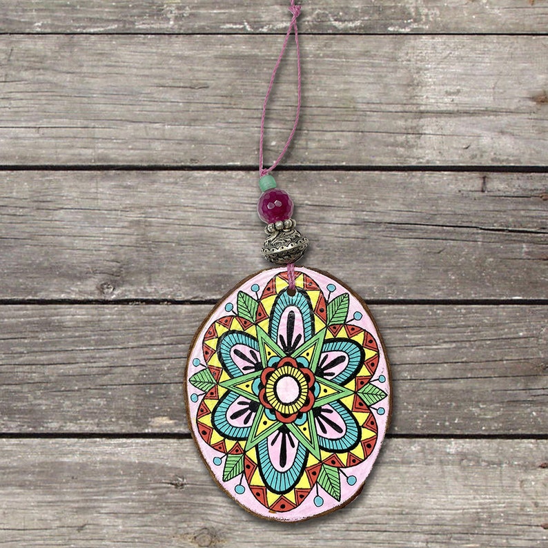 Hanging Wood Slice DesignColorful Hand Painted with Beads for Home or Desk Decoration Happy Unique Gift image 3