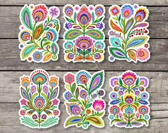 Wycinanki Garden. Polish Folk Art Sticker Sheet. Folk style florals. Kiss cut sticker sheets. 6 Large High Quality Stickers. SS131