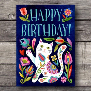 Happy Birthday Cute Blank Greeting Card. Adorable White Kitty Waving. Gorgeous Folk Colorful Flowers.