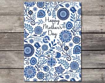 Happy Mother's Day Blank Greeting Card Blue Floral Folk Happy Art Cheerful Botanical Flowers