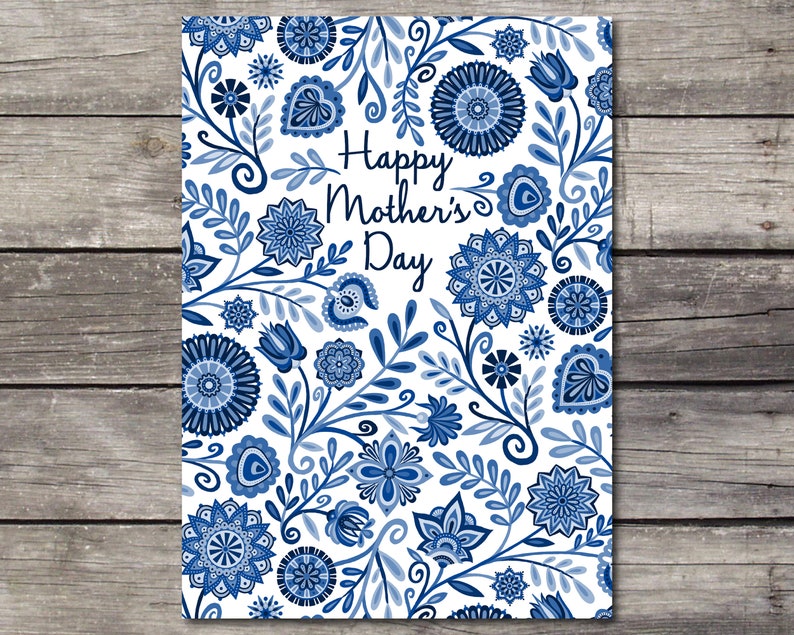 Happy Mother's Day Blank Greeting Card Blue Floral Folk Happy Art ...