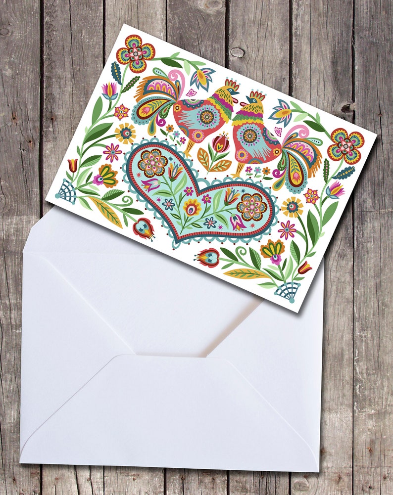 Rooster Blank Note Cards Happy and Joyful Cards. Folky Style Florals Polish Folk Greeting Card Set