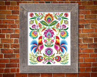 Paper Cut Style Floral Print. Polish Rooster Wycinanki Folk Art Print.   5 x 7 8 x 10 or 11 x 14.
