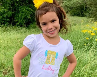 Rain Boots Appliqué Girl Shirt: Embroidered Flowers Spring Outfit,  Personalized Kids Tee, Custom, Toddler