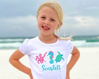 Embroidered Sea Creatures Girl Shirt: Personalized Beach Vacation Outfit