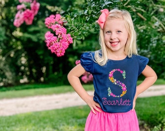 Floral Monogram Girl's Shirt, Embroidered Wildflower Initial