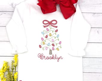 Christmas Tree Embroidered Romper, Christmas Girl Outfit, Customized, Personalized Holiday