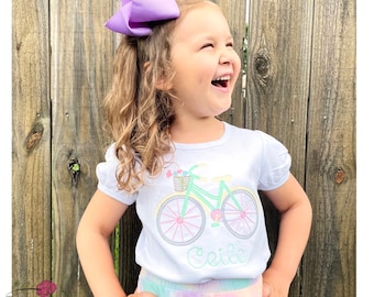 Embroidered Bicycle Girl Shirt: Personalized Spring Outfit, Kids Tee, Custom, Toddler