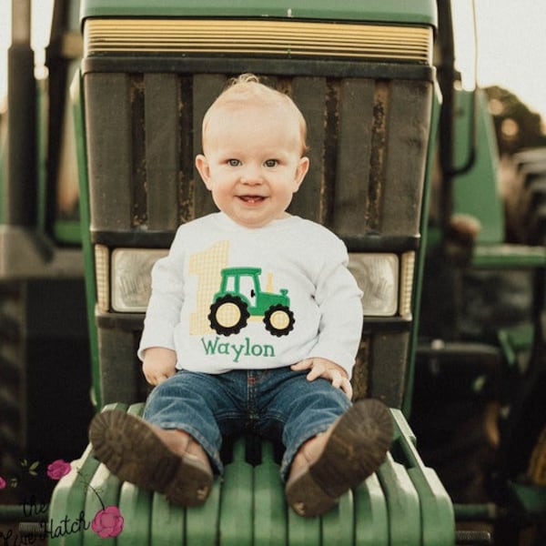 Claire & Charlie Boys Light Blue Shirt - Applique Tractor