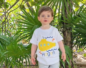 Personalized Yellow Submarine Applique Shirt, Summer Outfit, Kids Custom Tee, Toddler