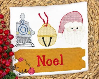 May include: White fabric with embroidered Christmas designs: a train, a gold bell, and Santa's face. A gold banner with the word "Noel" in red is below the images. The Olive Hatch logo is in the bottom left corner.
