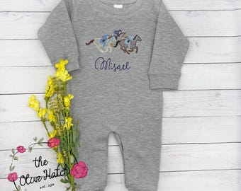 Embroidered Derby Horse Romper, Personalized Boy Outfit