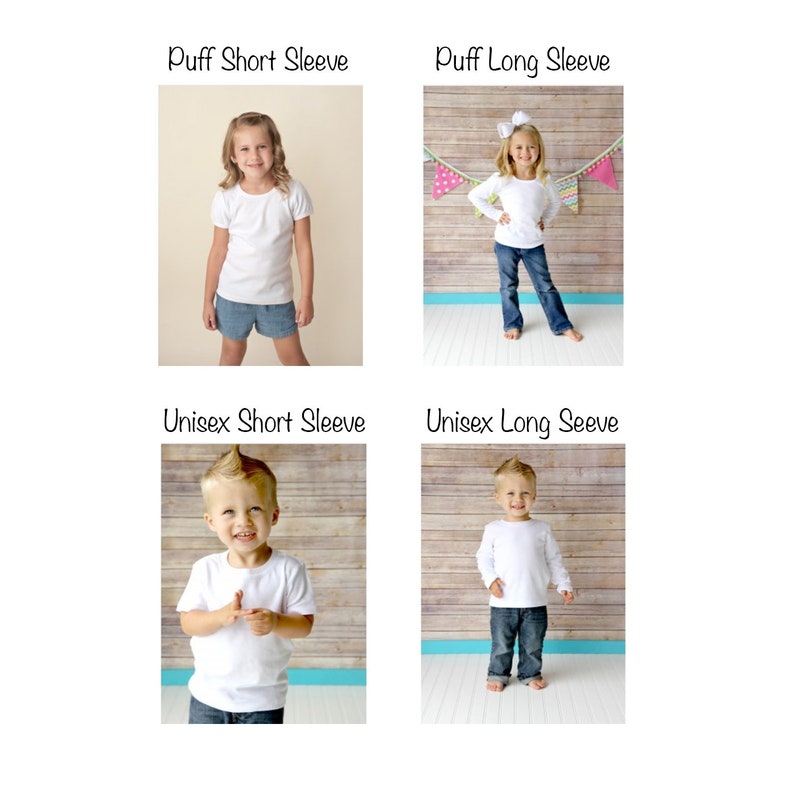 May include: Four images showing different styles of white t-shirts for children. The first image shows a girl wearing a white puff short sleeve t-shirt. The second image shows a girl wearing a white puff long sleeve t-shirt. The third image shows a boy wearing a white unisex short sleeve t-shirt. The fourth image shows a boy wearing a white unisex long sleeve t-shirt.